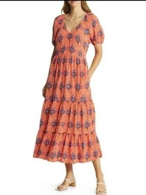 Boden Floral Print Tiered Midi Dress in Fire Poppy Size 2P